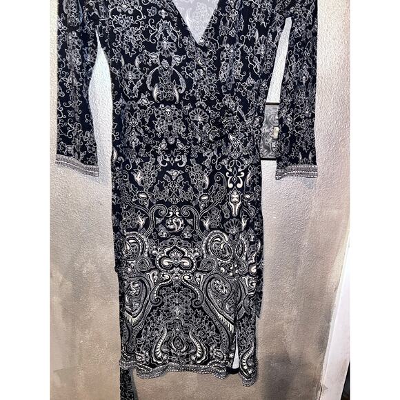 Ann Taylor Black White Tan Faux Wrap Midi Dress – Size 8 Professional Office - Picture 4 of 13